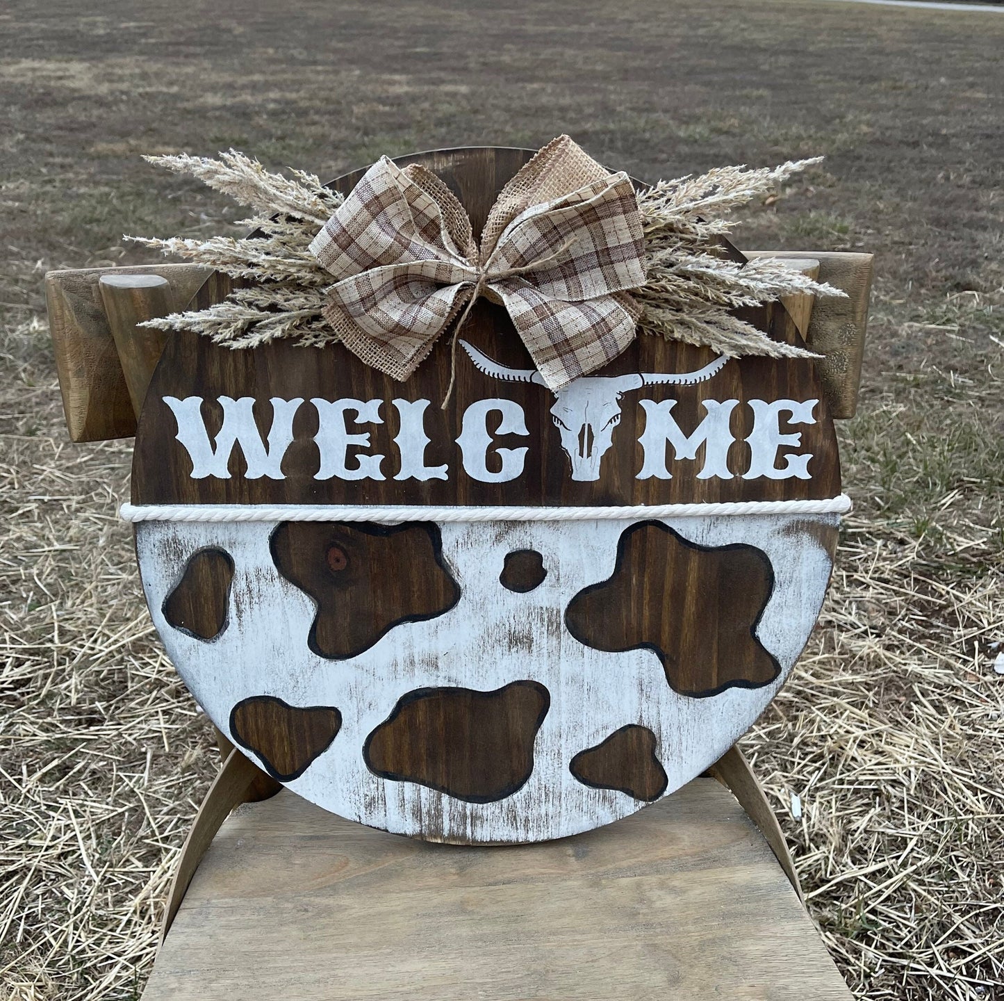 Ready to ship/18" round door hanger/welcome sign/cow print sign/door sign/1" thick/ow skull sign