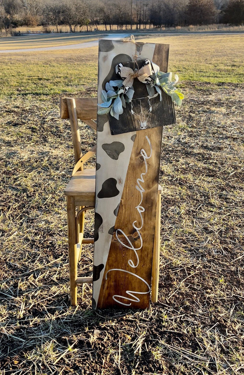 Rustic cow print welcome sign/two signs attached/cow sign/porch sign/leaner sign/cow decor/western decor
