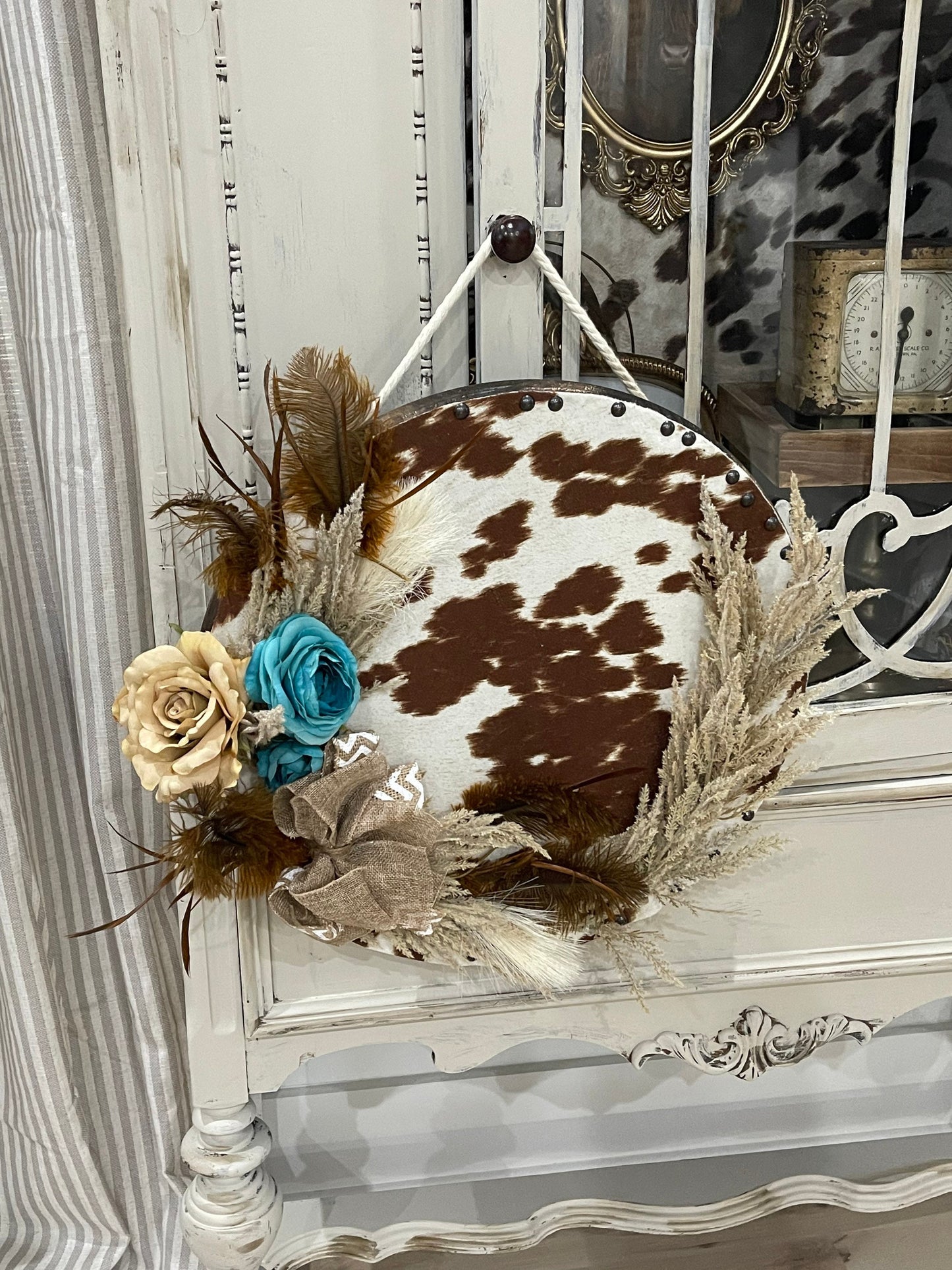 One of a kind cow print round door hanger/western wood wreath/cow wood sign/faux cowhide sign/boho decor/cow decor