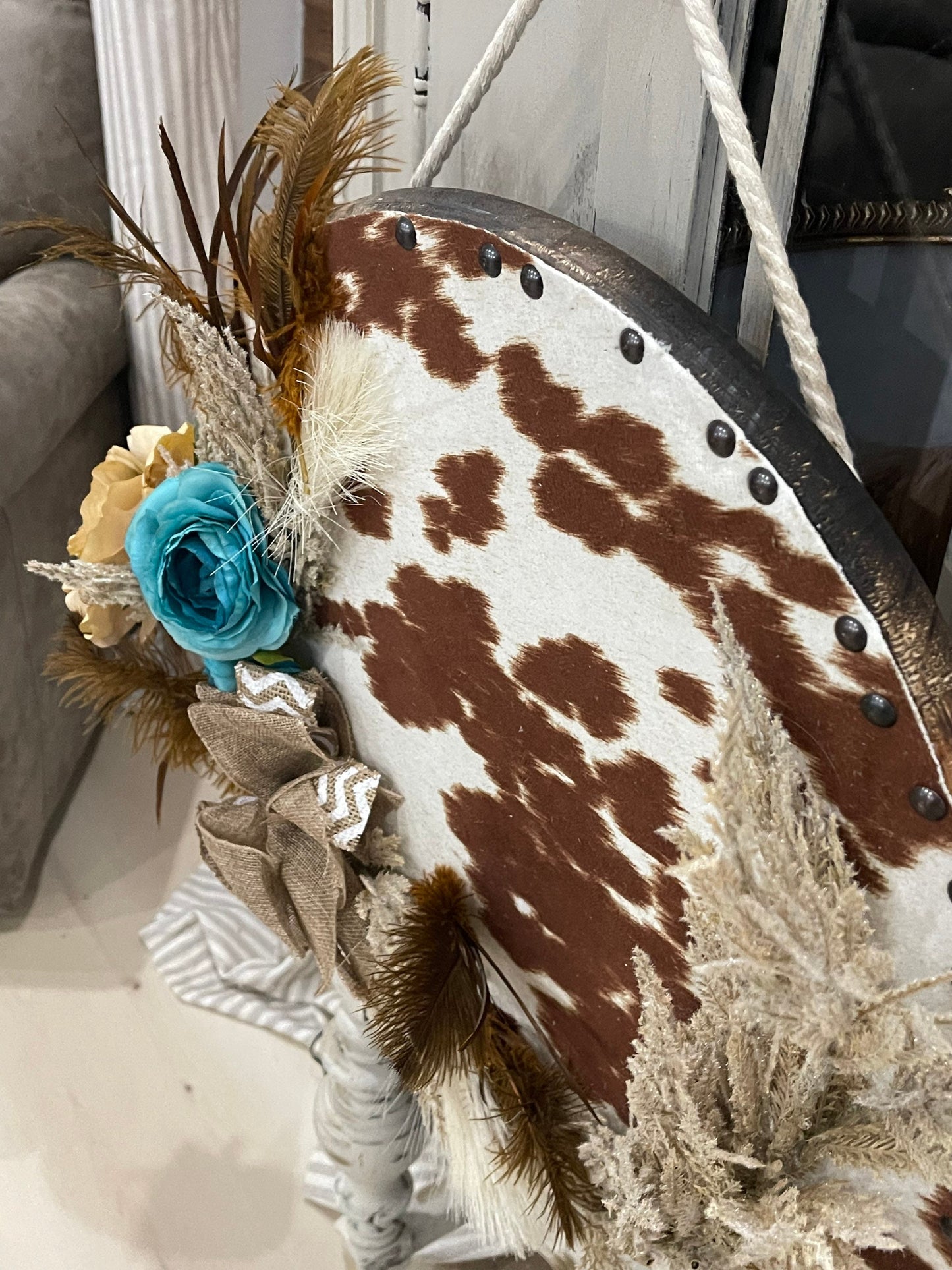 One of a kind cow print round door hanger/western wood wreath/cow wood sign/faux cowhide sign/boho decor/cow decor