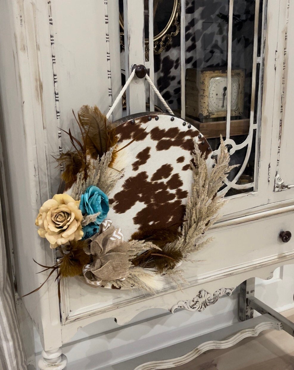 One of a kind cow print round door hanger/western wood wreath/cow wood sign/faux cowhide sign/boho decor/cow decor