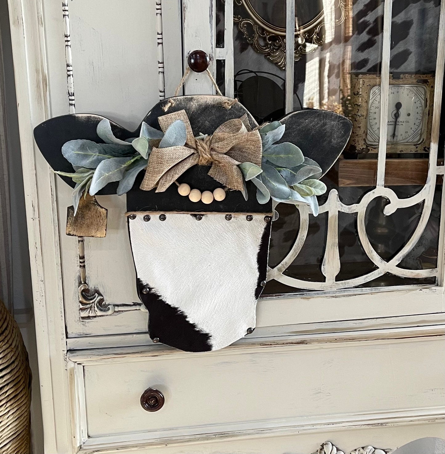 Rustic cow head/door hanger/cow sign made with fabric/farmhouse door hanger/cow decor/western decor/boho decor