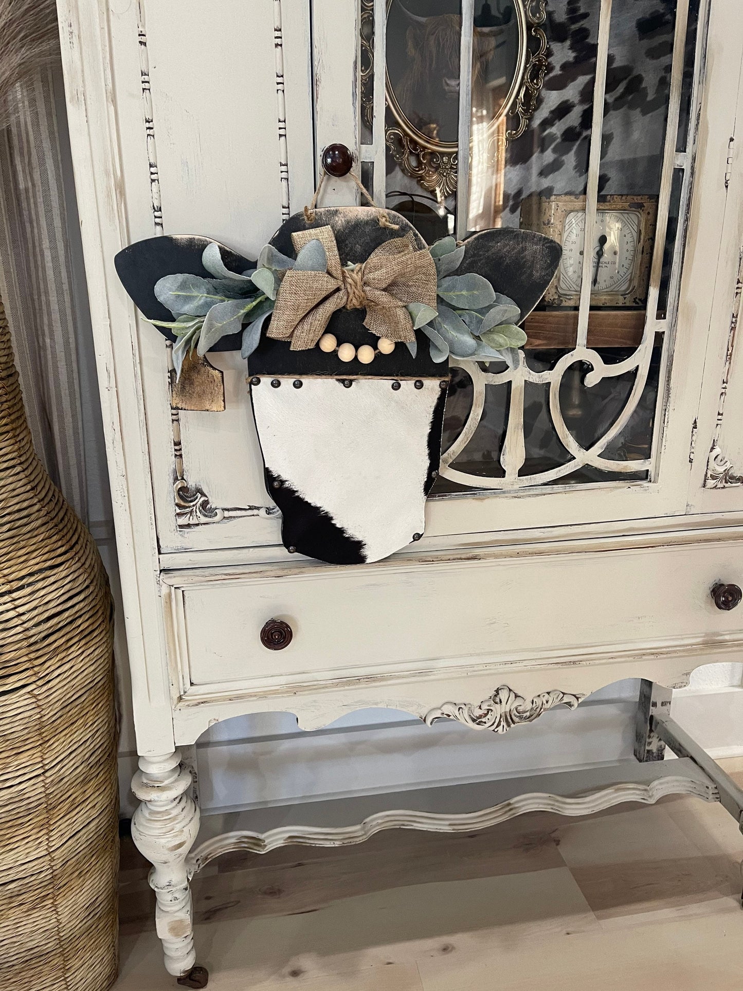 Rustic cow head/door hanger/cow sign made with fabric/farmhouse door hanger/cow decor/western decor/boho decor