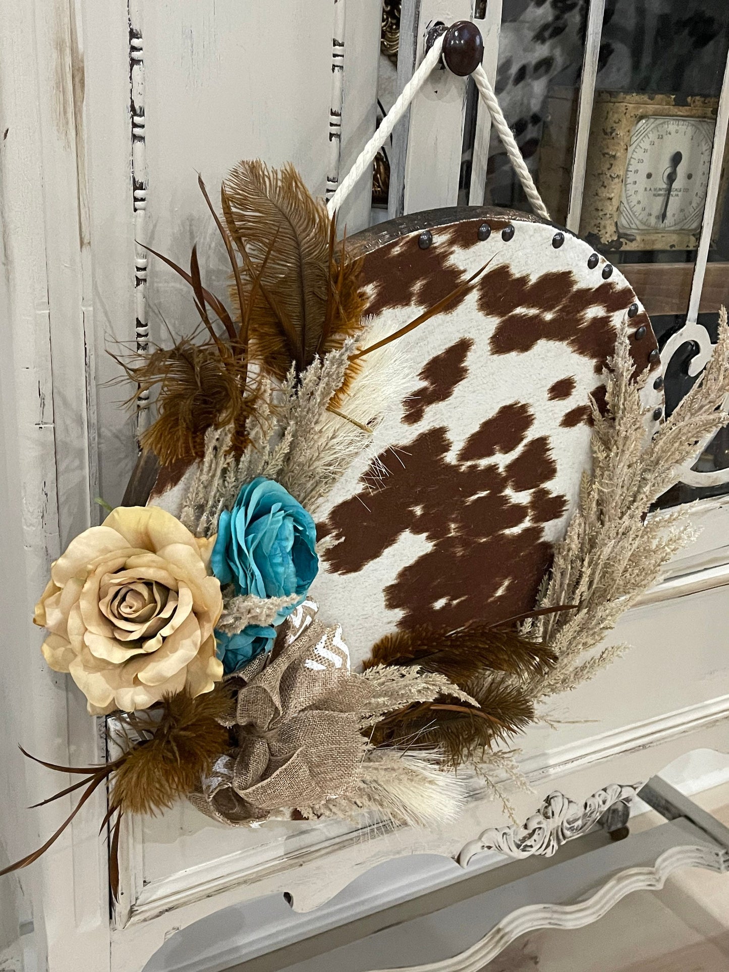 One of a kind cow print round door hanger/western wood wreath/cow wood sign/faux cowhide sign/boho decor/cow decor