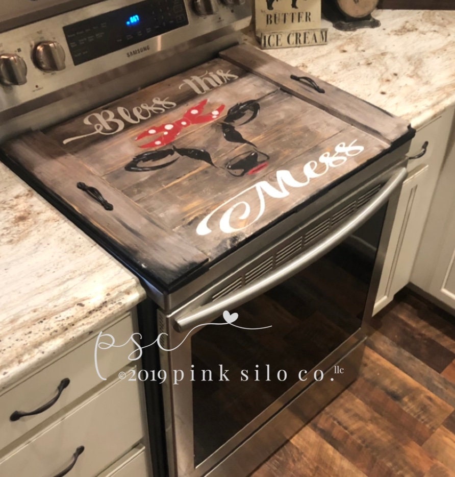 Bless this mess Farmhouse stove top board/cow stove cover/stovetop cover/noodle board/cover for stove/rustic kitchen decor