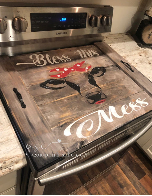 Bless this mess Farmhouse stove top board/cow stove cover/stovetop cover/noodle board/cover for stove/rustic kitchen decor