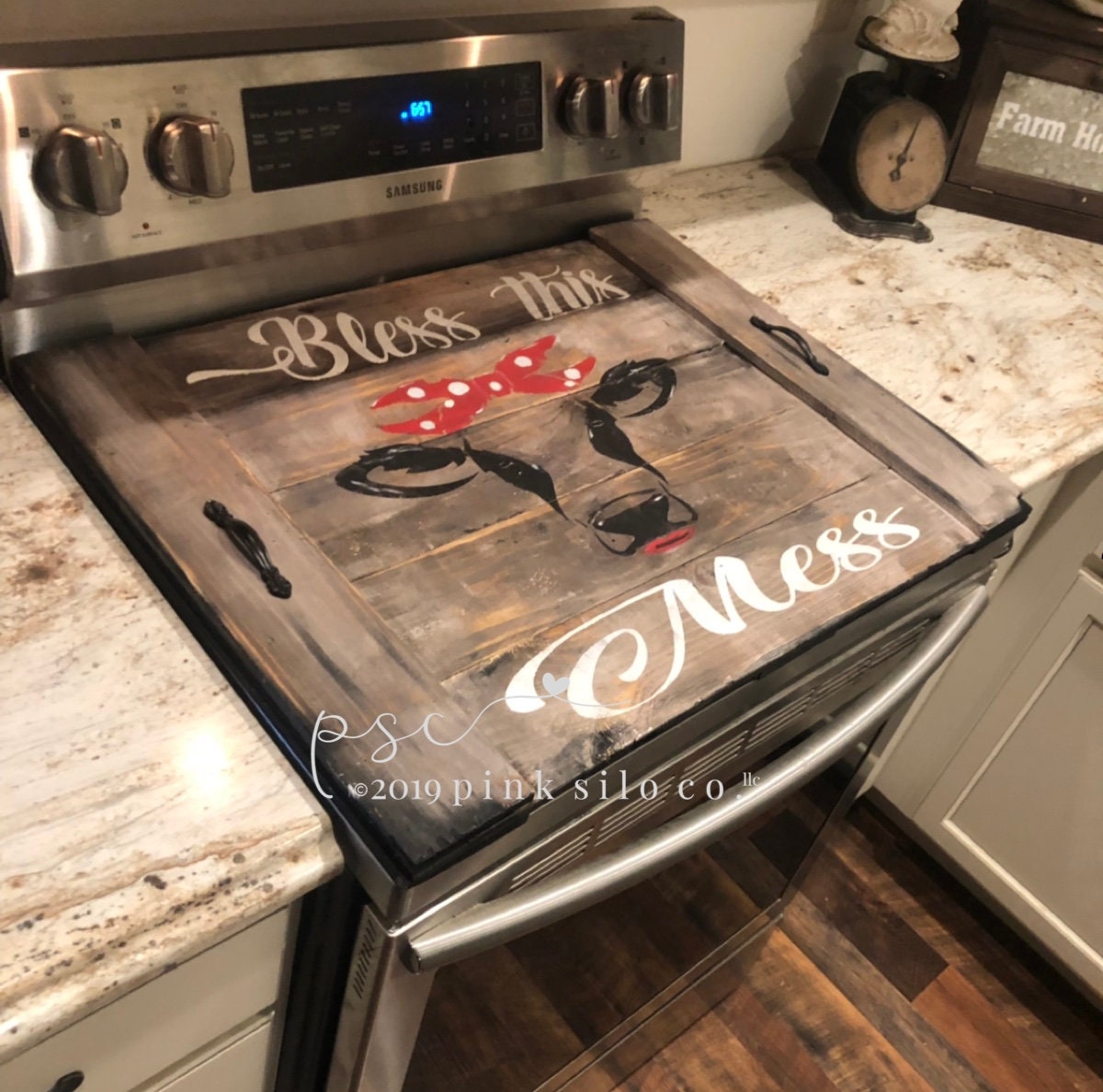 Bless this mess Farmhouse stove top board/cow stove cover/stovetop cover/noodle board/cover for stove/rustic kitchen decor