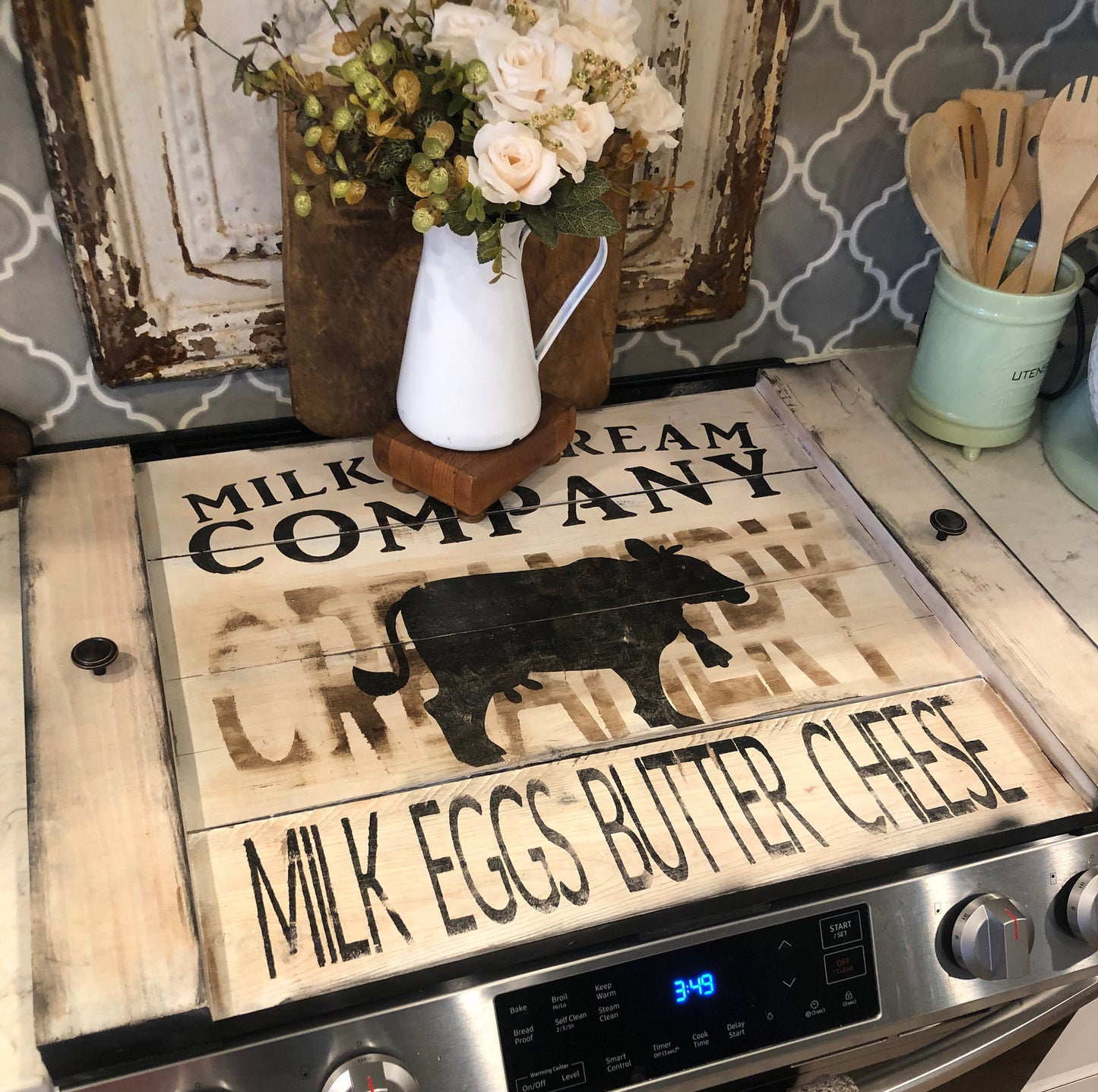 Farmhouse stove top board/cow stove cover/dairy stove cover/noodle board/cover for stove/rustic kitchen decor