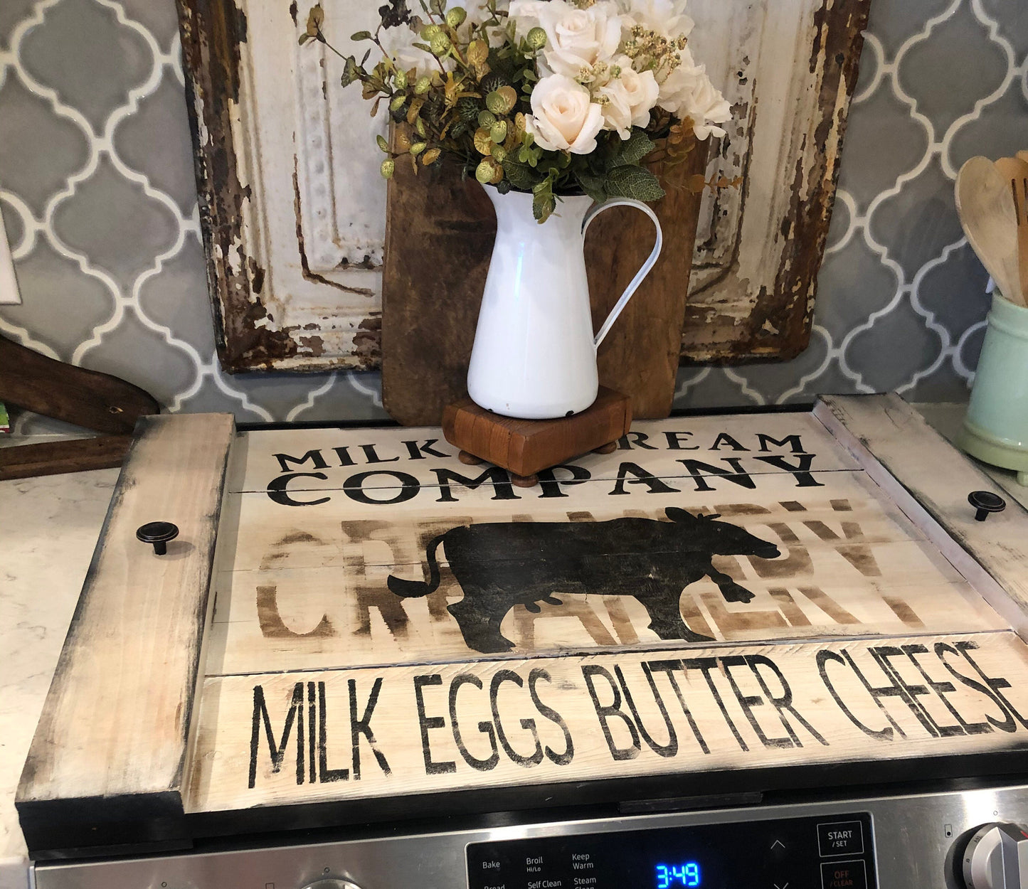 Farmhouse stove top board/cow stove cover/dairy stove cover/noodle board/cover for stove/rustic kitchen decor