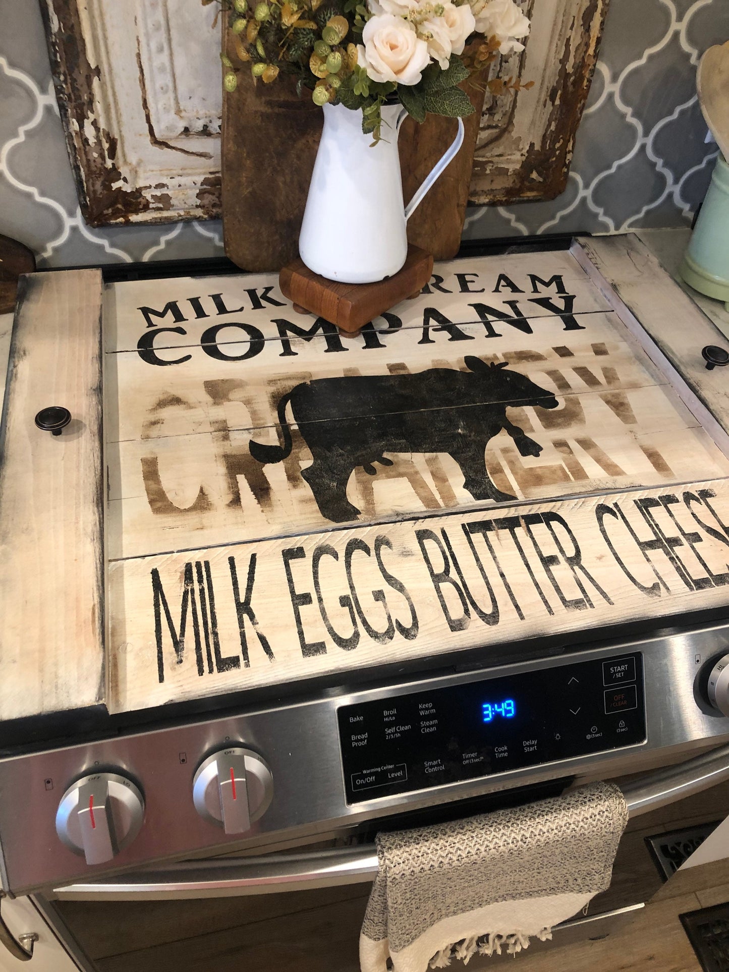 Farmhouse stove top board/cow stove cover/dairy stove cover/noodle board/cover for stove/rustic kitchen decor