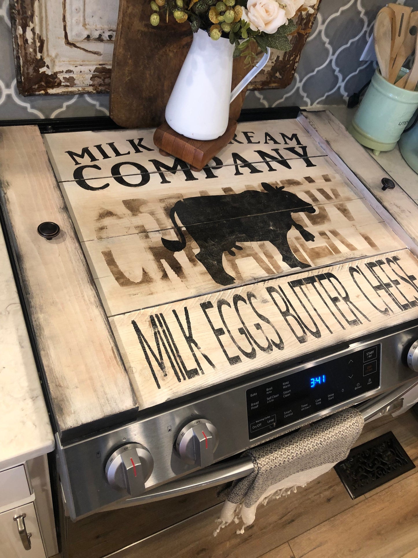 Farmhouse stove top board/cow stove cover/dairy stove cover/noodle board/cover for stove/rustic kitchen decor