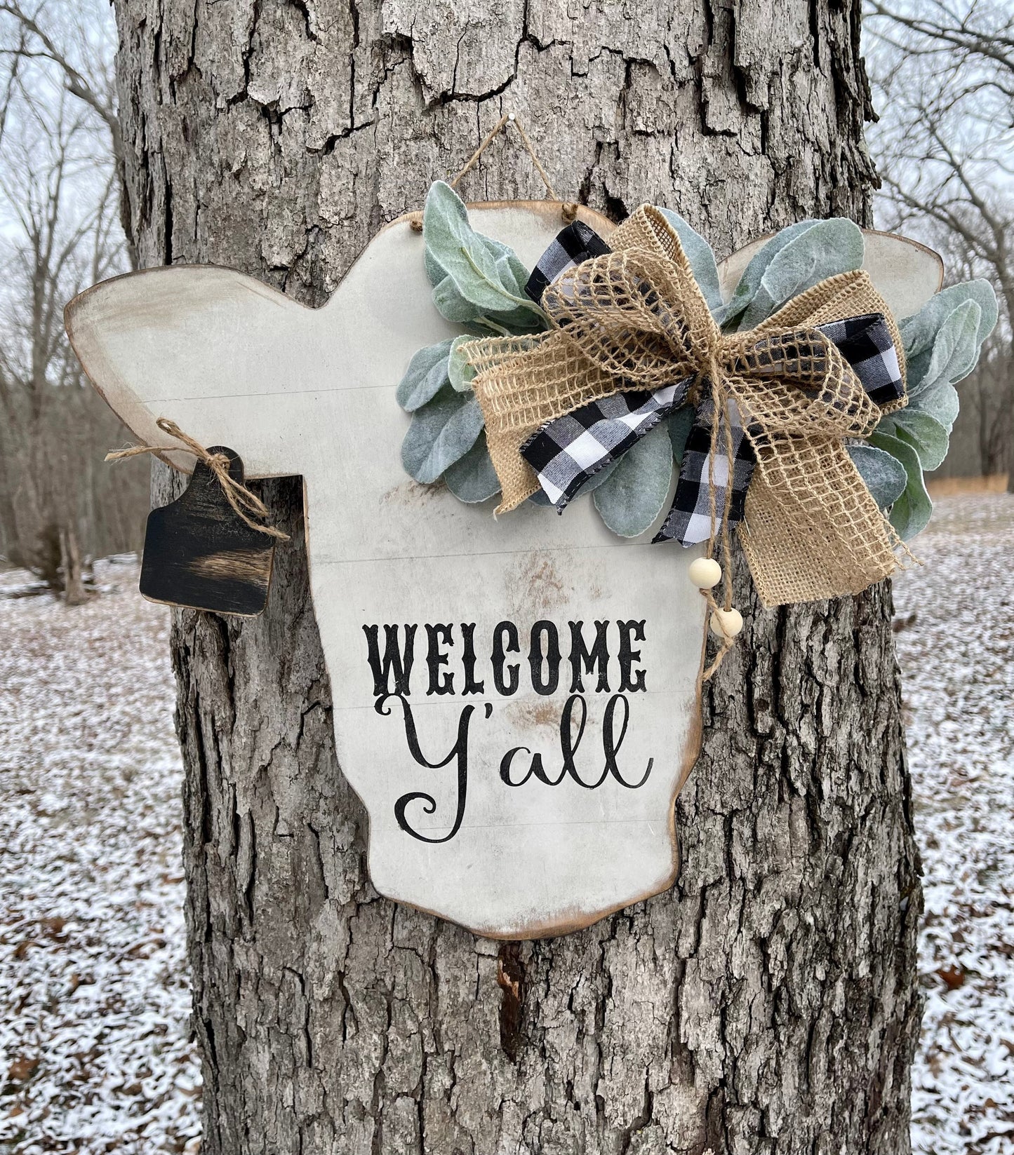 Rustic cow head door hanger/personalizable tag/cow sign/farmhouse door hanger/welcome sign/cow with tag cut out /