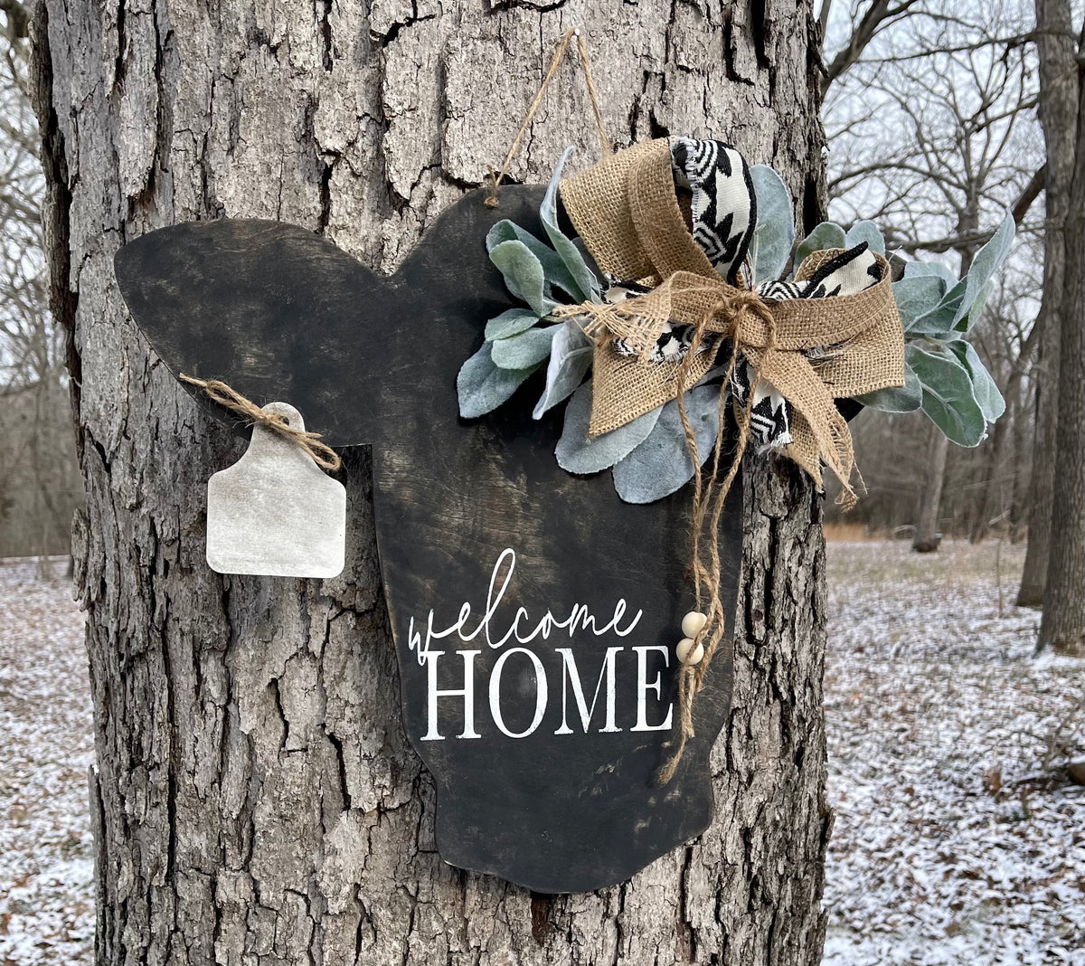 Rustic cow head door hanger/personalizable tag/cow sign/farmhouse door ...