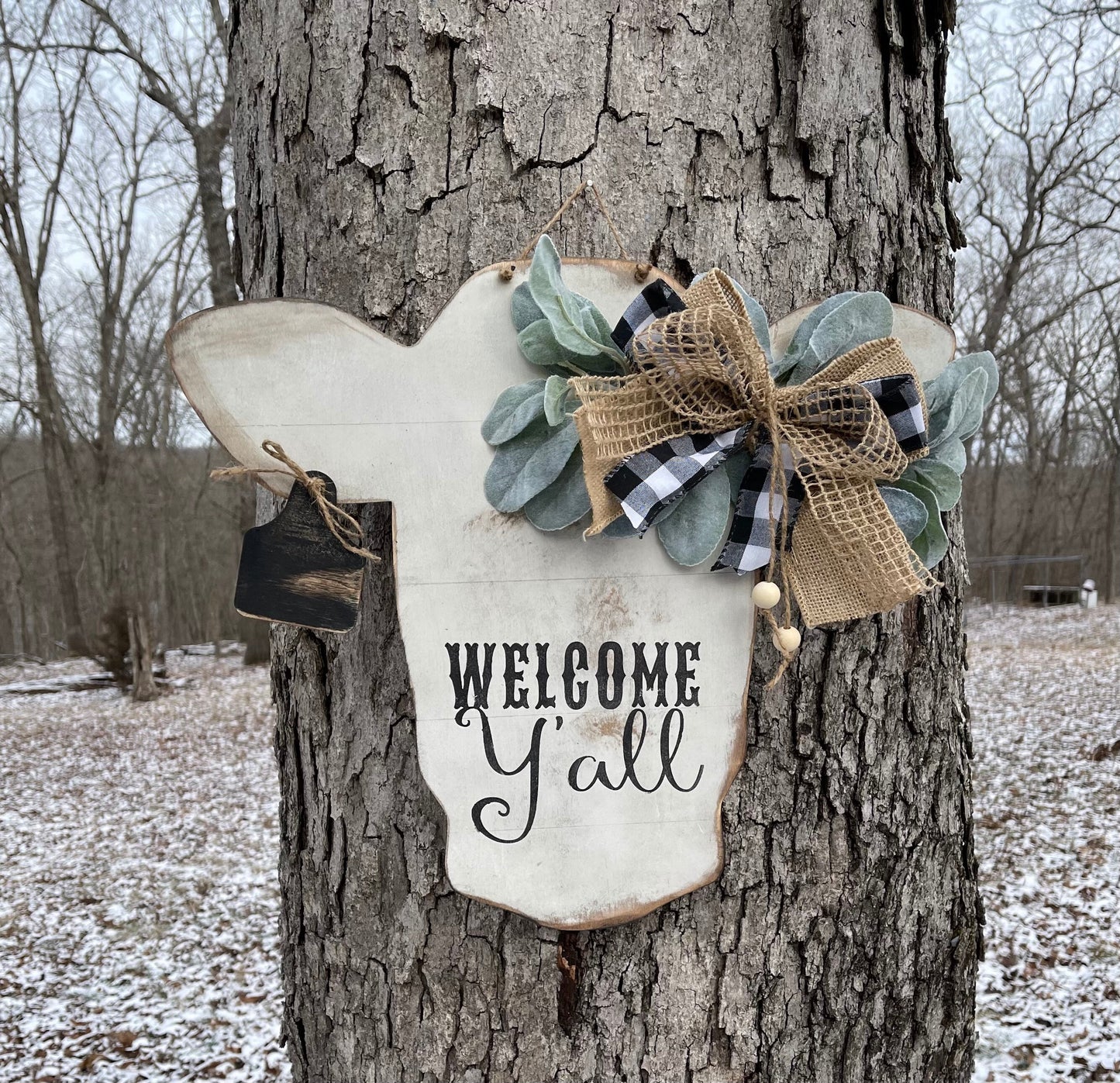 Rustic cow head door hanger/personalizable tag/cow sign/farmhouse door hanger/welcome sign/cow with tag cut out /