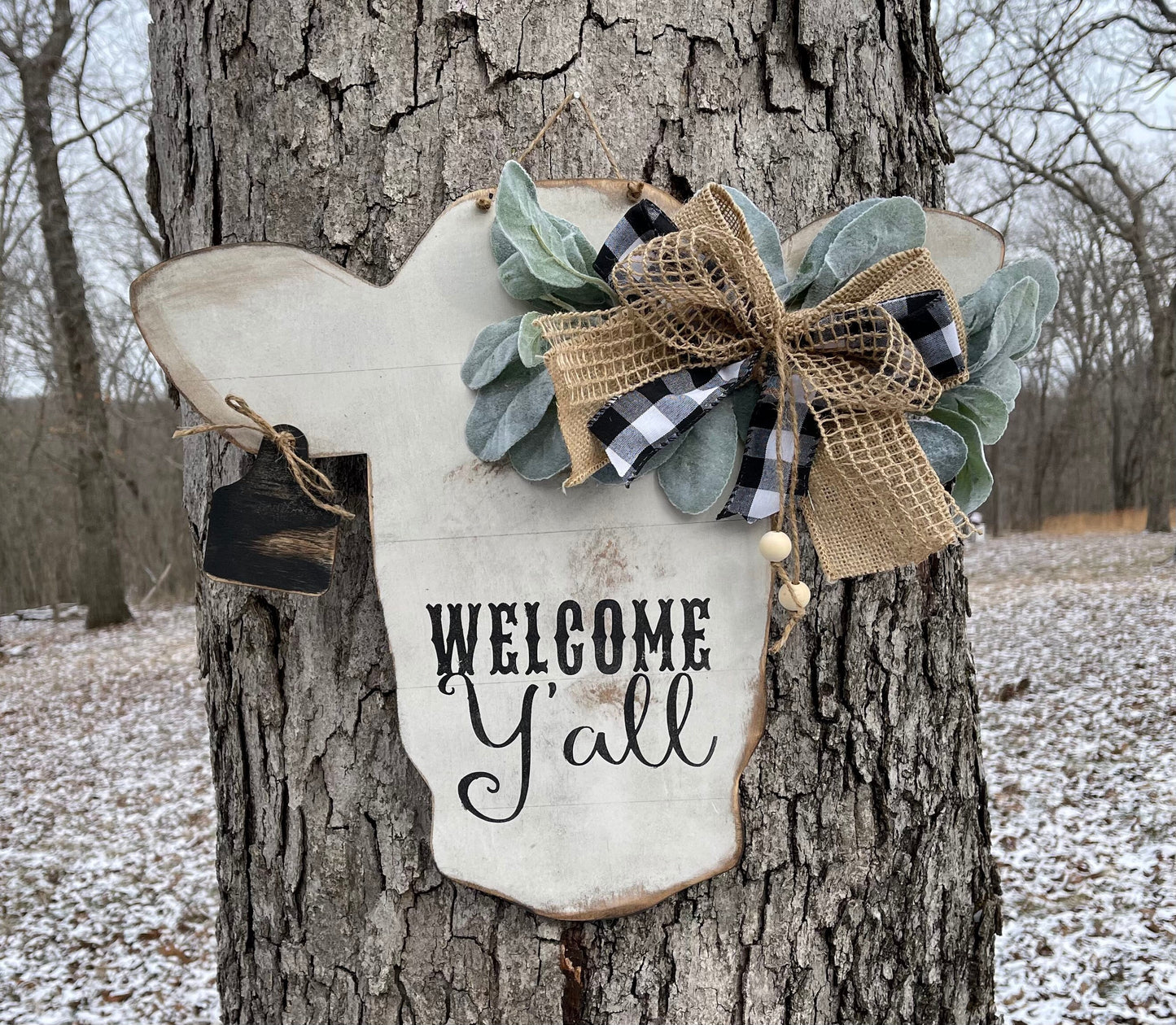 Rustic cow head door hanger/personalizable tag/cow sign/farmhouse door hanger/welcome sign/cow with tag cut out /