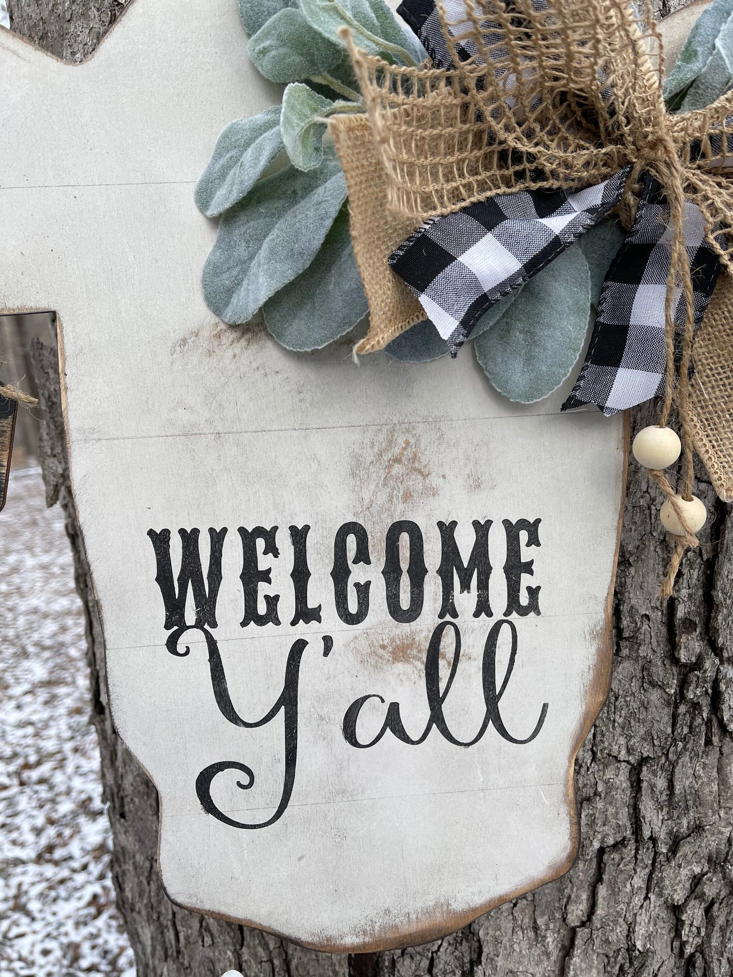 Rustic cow head door hanger/personalizable tag/cow sign/farmhouse door hanger/welcome sign/cow with tag cut out /