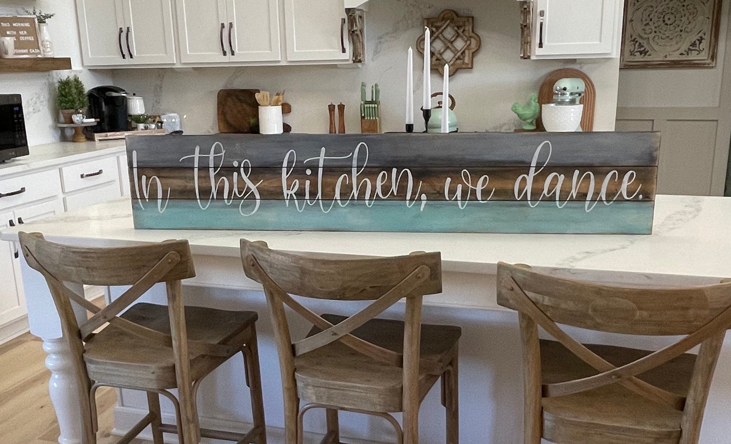 In this kitchen we dance sign/faux shiplap sign/farmhouse sign/rustic wood sign/teal brown gray sign