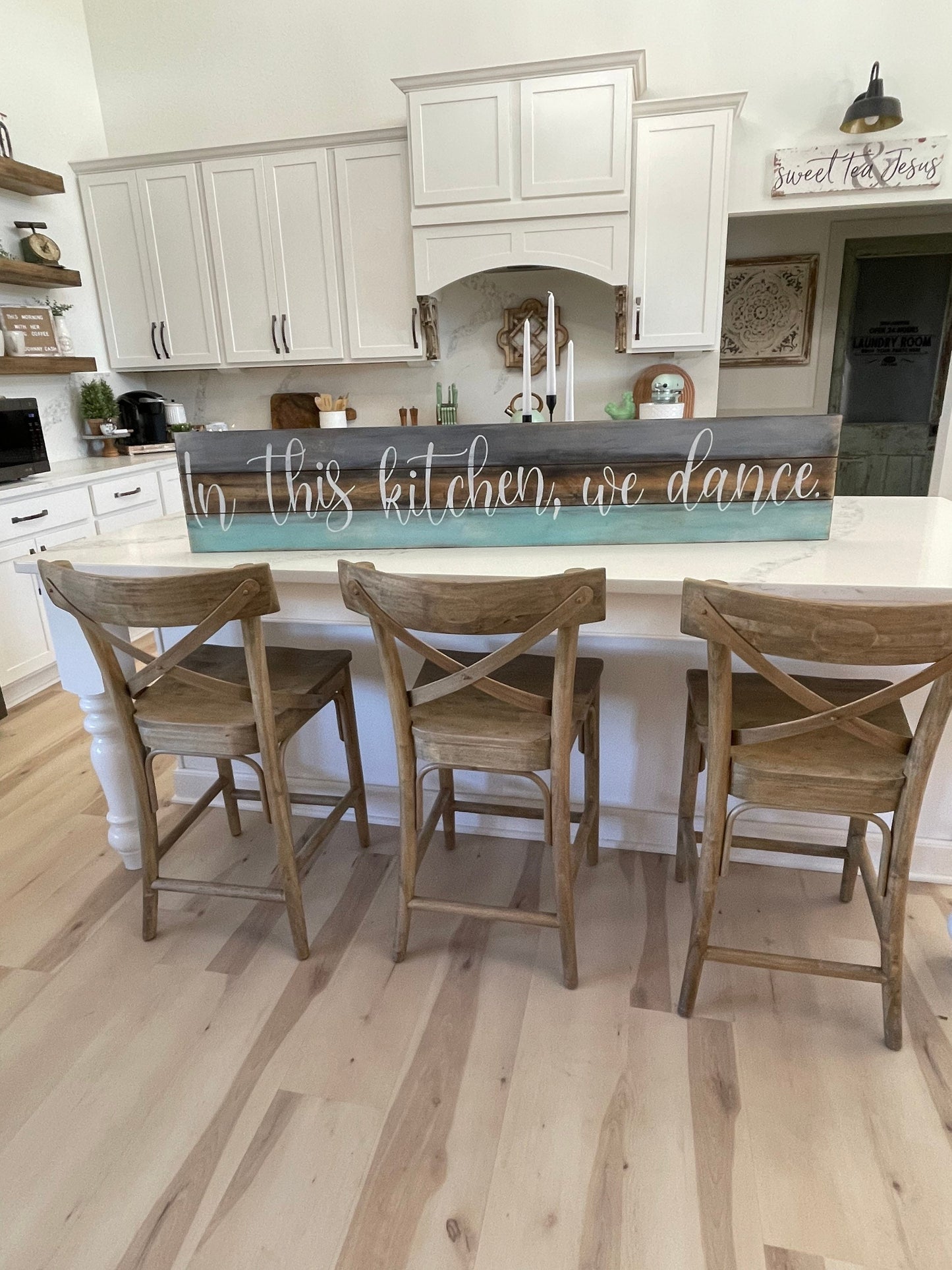 In this kitchen we dance sign/faux shiplap sign/farmhouse sign/rustic wood sign/teal brown gray sign