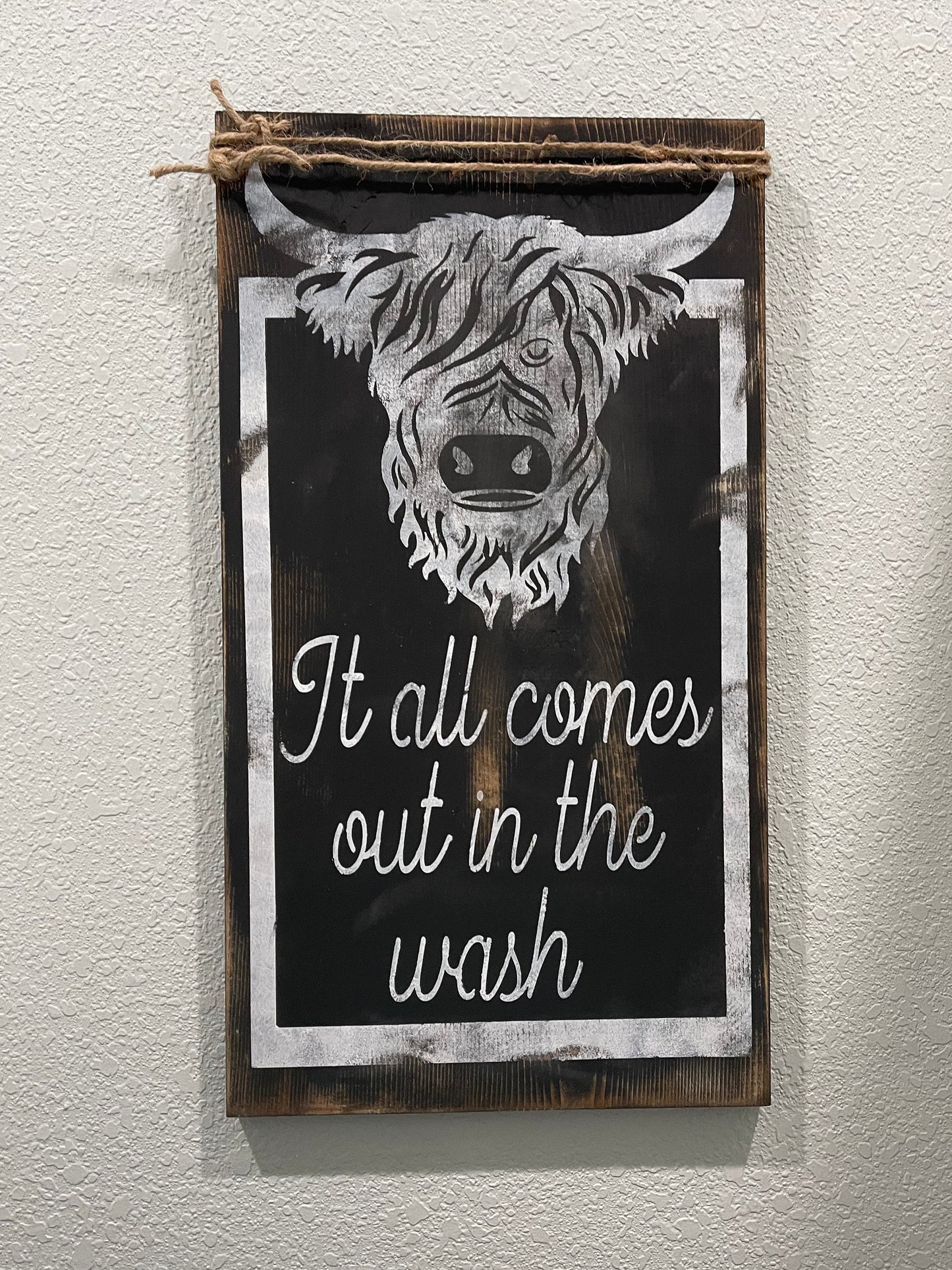 Rustic highland cow laundry room sign/it all comes out in the wash sign/laundry room wood painted sign/24” x 11.25”