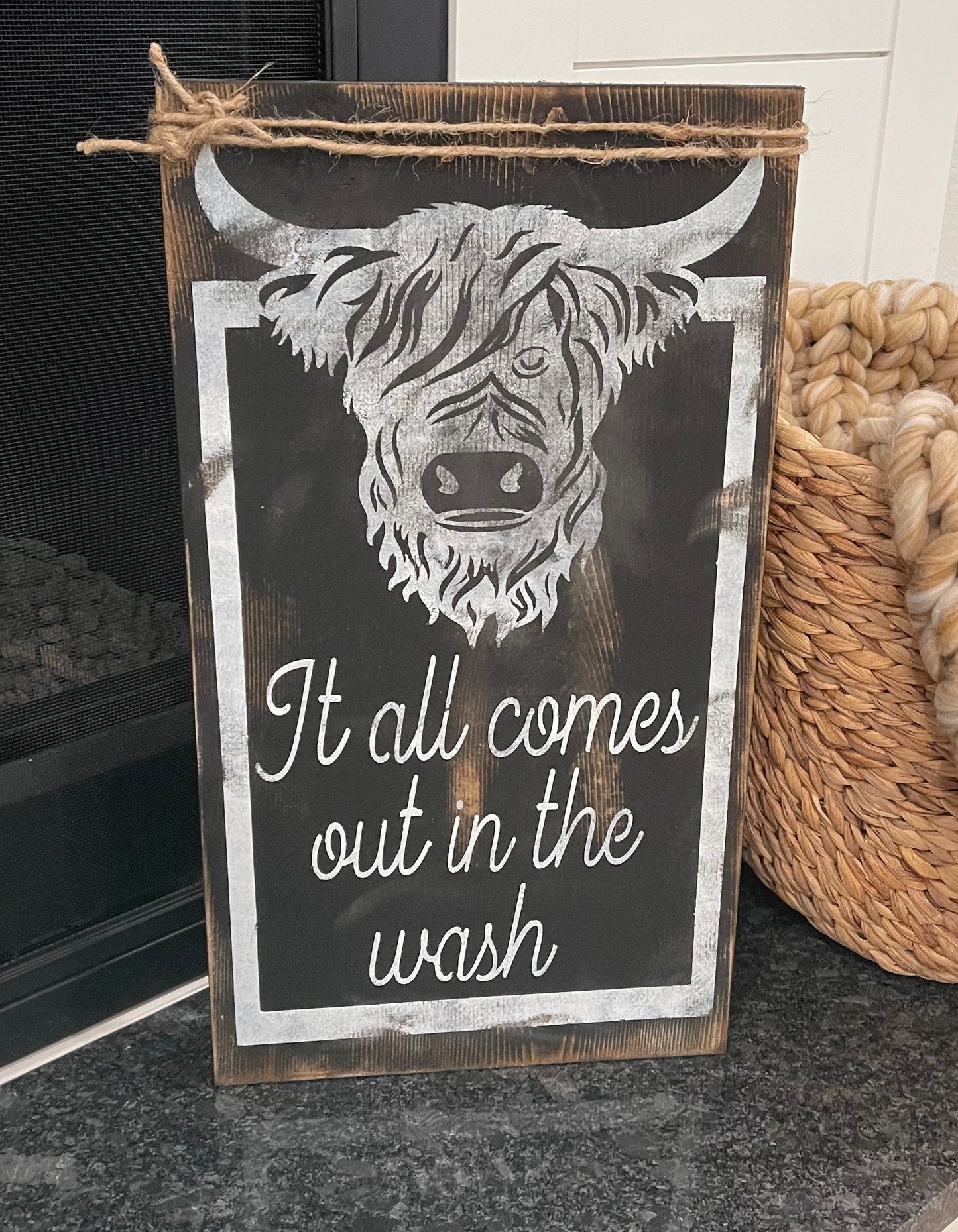 Rustic highland cow laundry room sign/it all comes out in the wash sign/laundry room wood painted sign/24” x 11.25”