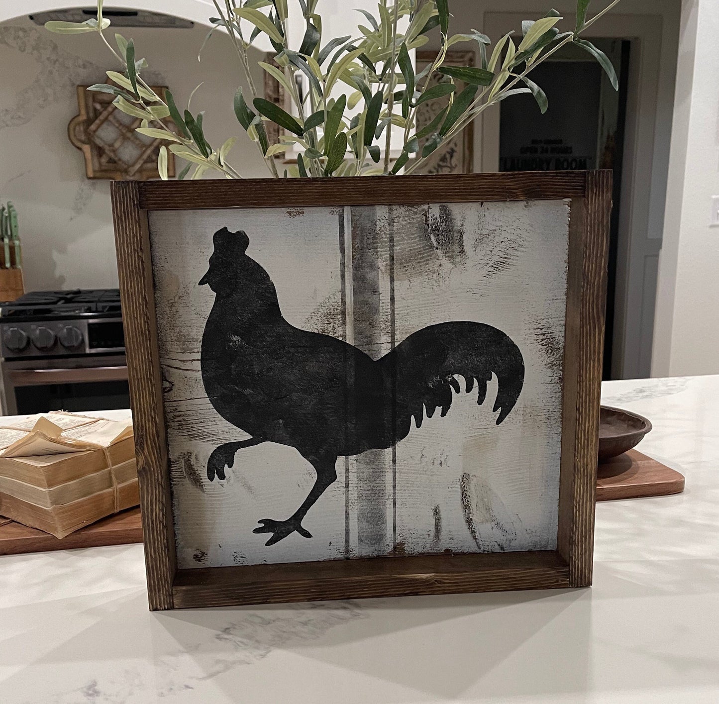 Framed rooster sign/farmhouse sign/rooster decor/rustic country sign/hand painted wood sign