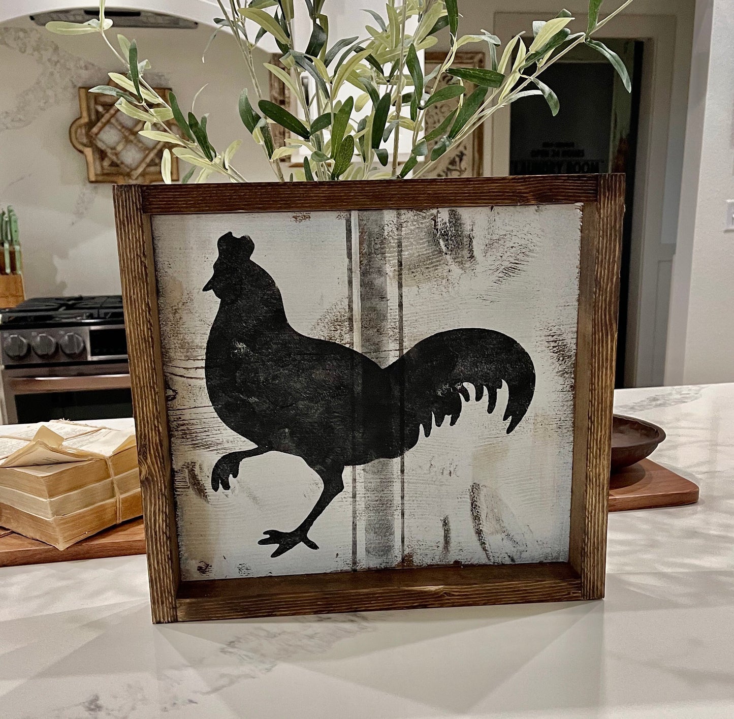 Framed rooster sign/farmhouse sign/rooster decor/rustic country sign/hand painted wood sign