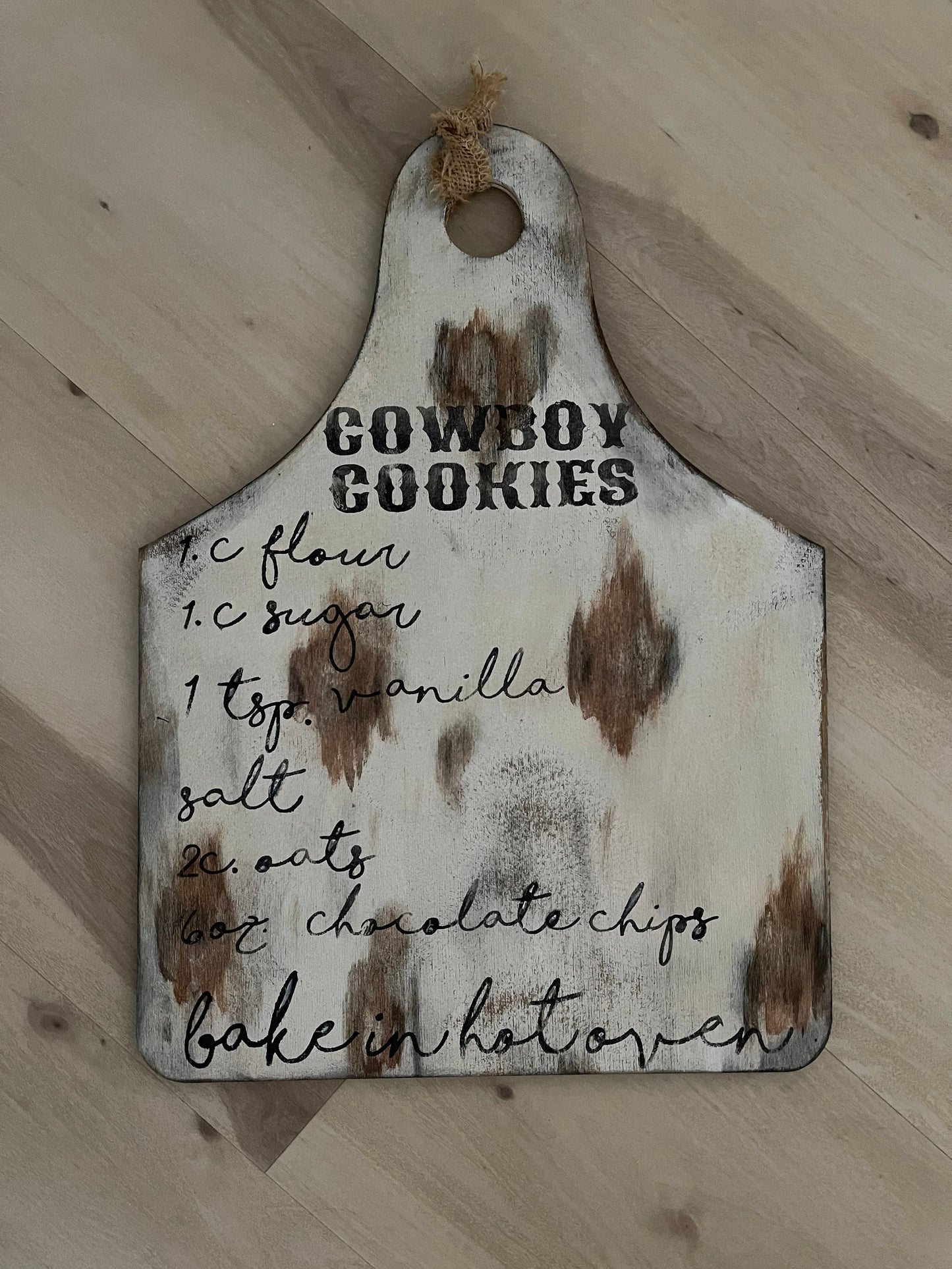 Cow tag/cow sign/rustic hand painted recipe sign/farmhouse sign/wood painted sign/cowboy cookies sign/painted ear tag sign