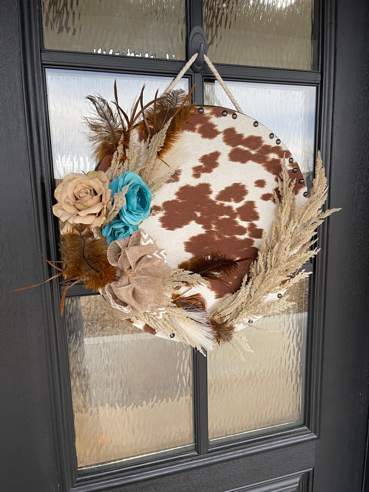 One of a kind cow print round door hanger/western wood wreath/cow wood sign/faux cowhide sign/boho decor/cow decor