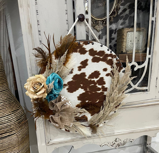 One of a kind cow print round door hanger/western wood wreath/cow wood sign/faux cowhide sign/boho decor/cow decor