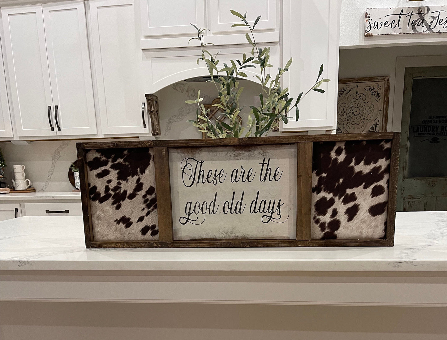 Customizable cowhide sign/cow sign/rustic painted wood sign/western sign/cow fabric sign/these are the good old days/cow decor