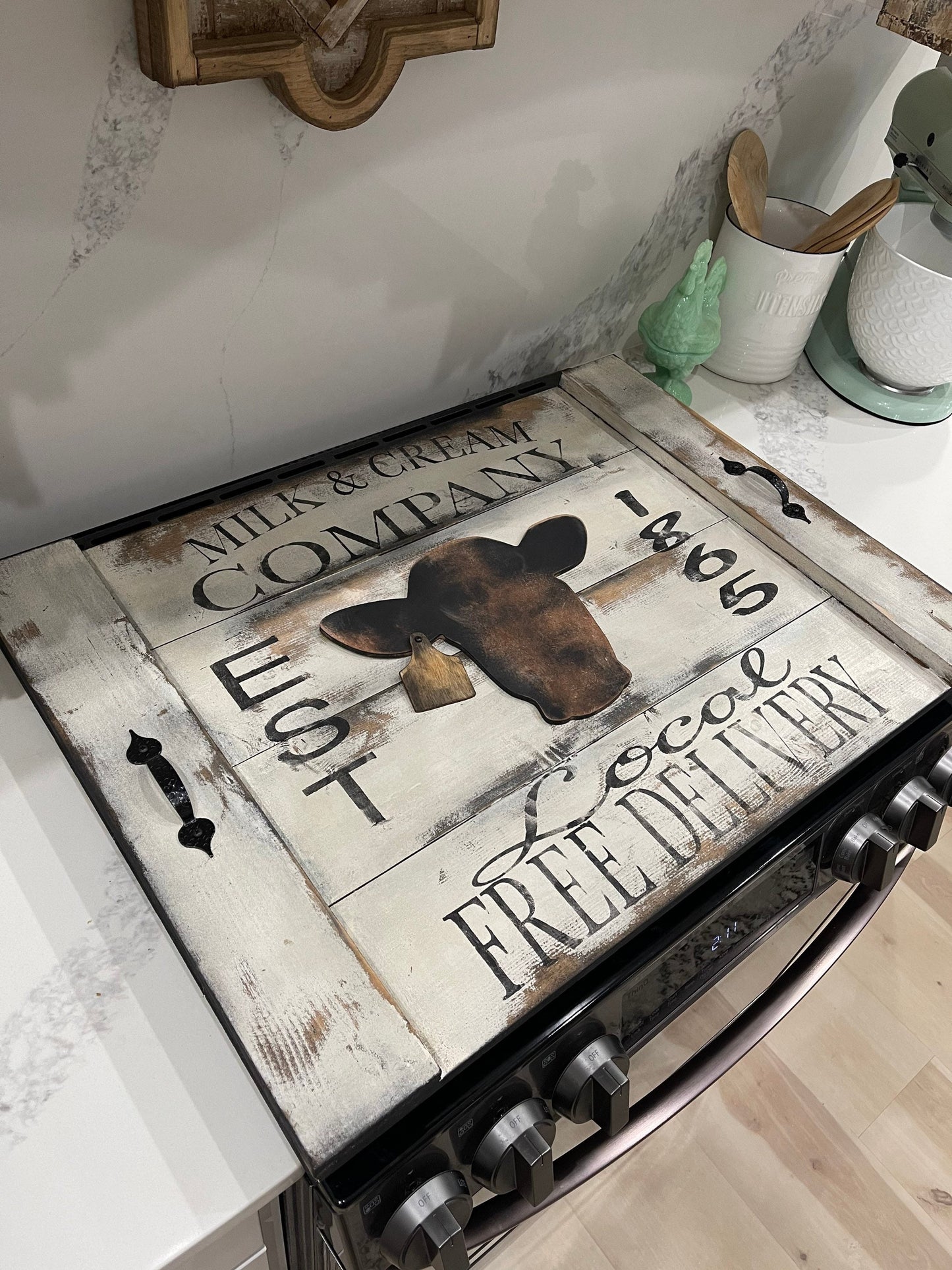 Rustic  milk and cream noodle board/cow decor/stove cover/oven tray/stove board/stove top cover