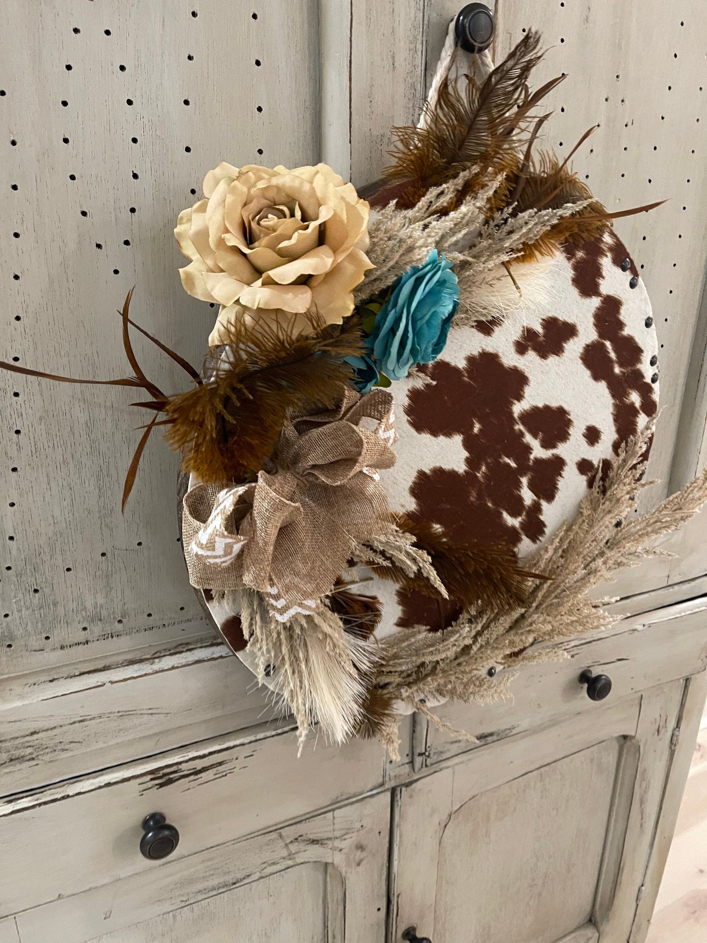 One of a kind cow print round door hanger/western wood wreath/cow wood sign/faux cowhide sign/boho decor/cow decor