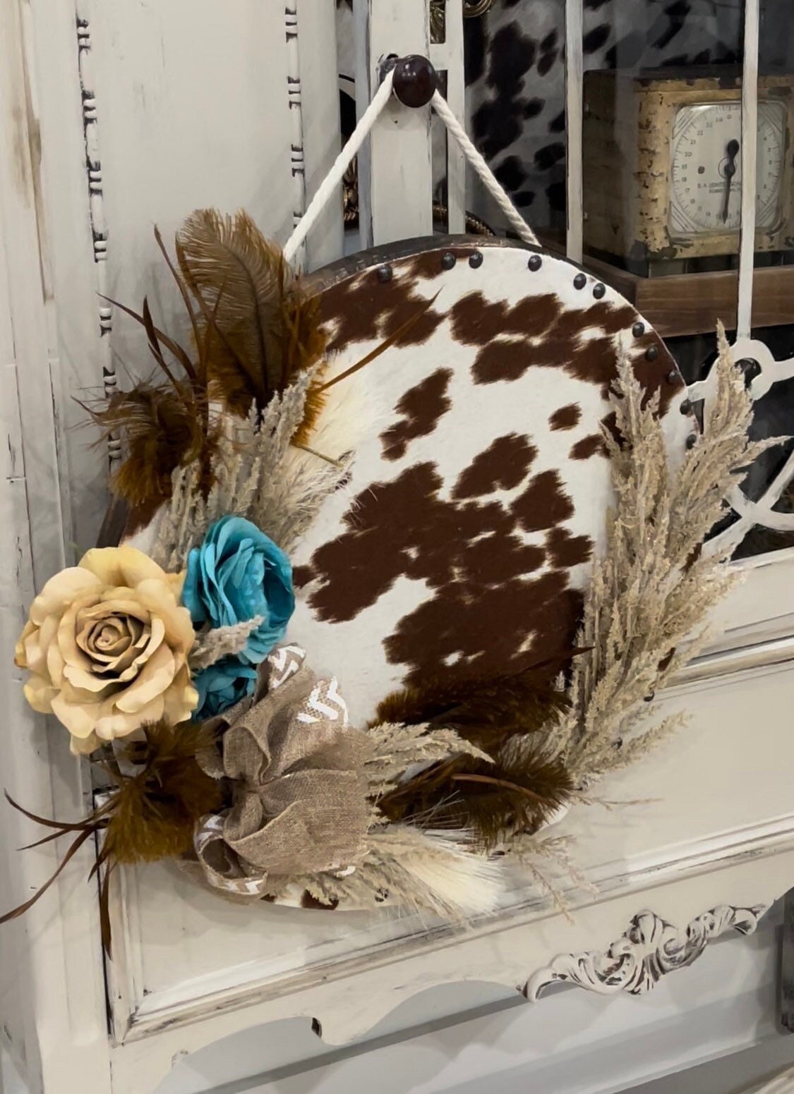 One of a kind cow print round door hanger/western wood wreath/cow wood sign/faux cowhide sign/boho decor/cow decor