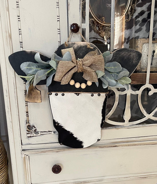 Rustic cow head/door hanger/cow sign made with fabric/farmhouse door hanger/cow decor/western decor/boho decor