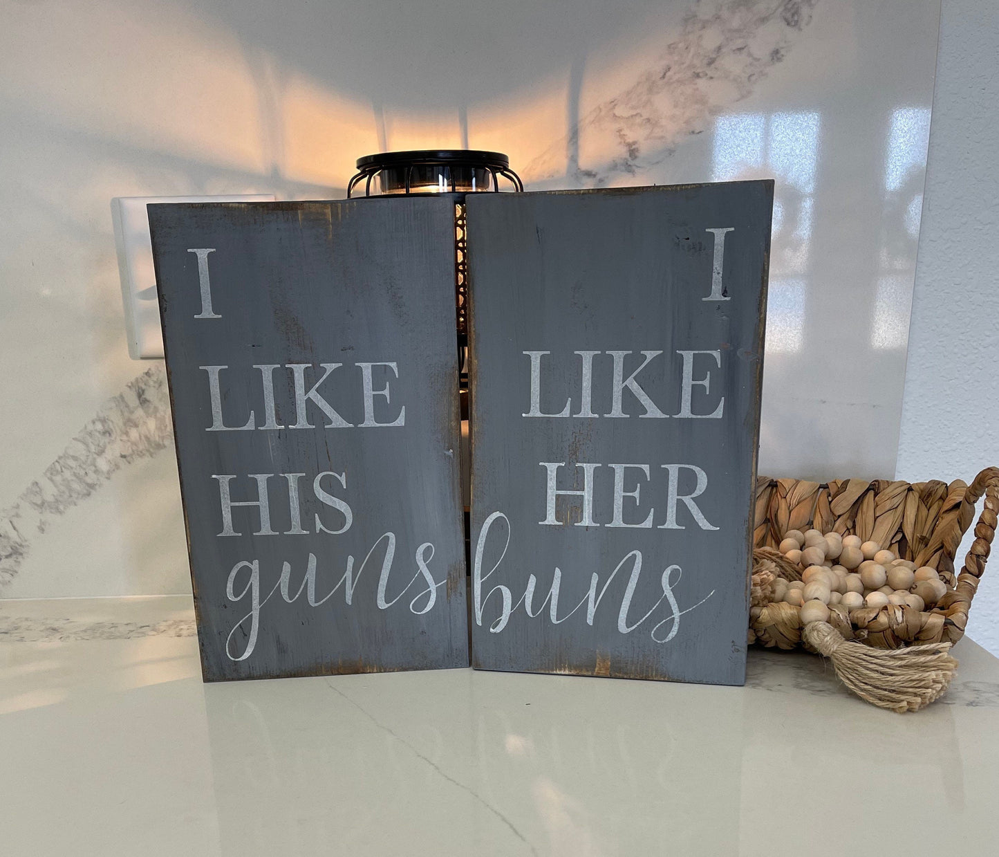 Set of signs/I like his guns sign/I like her buns sign/farmhouse rustic sign/funny sign/love sign