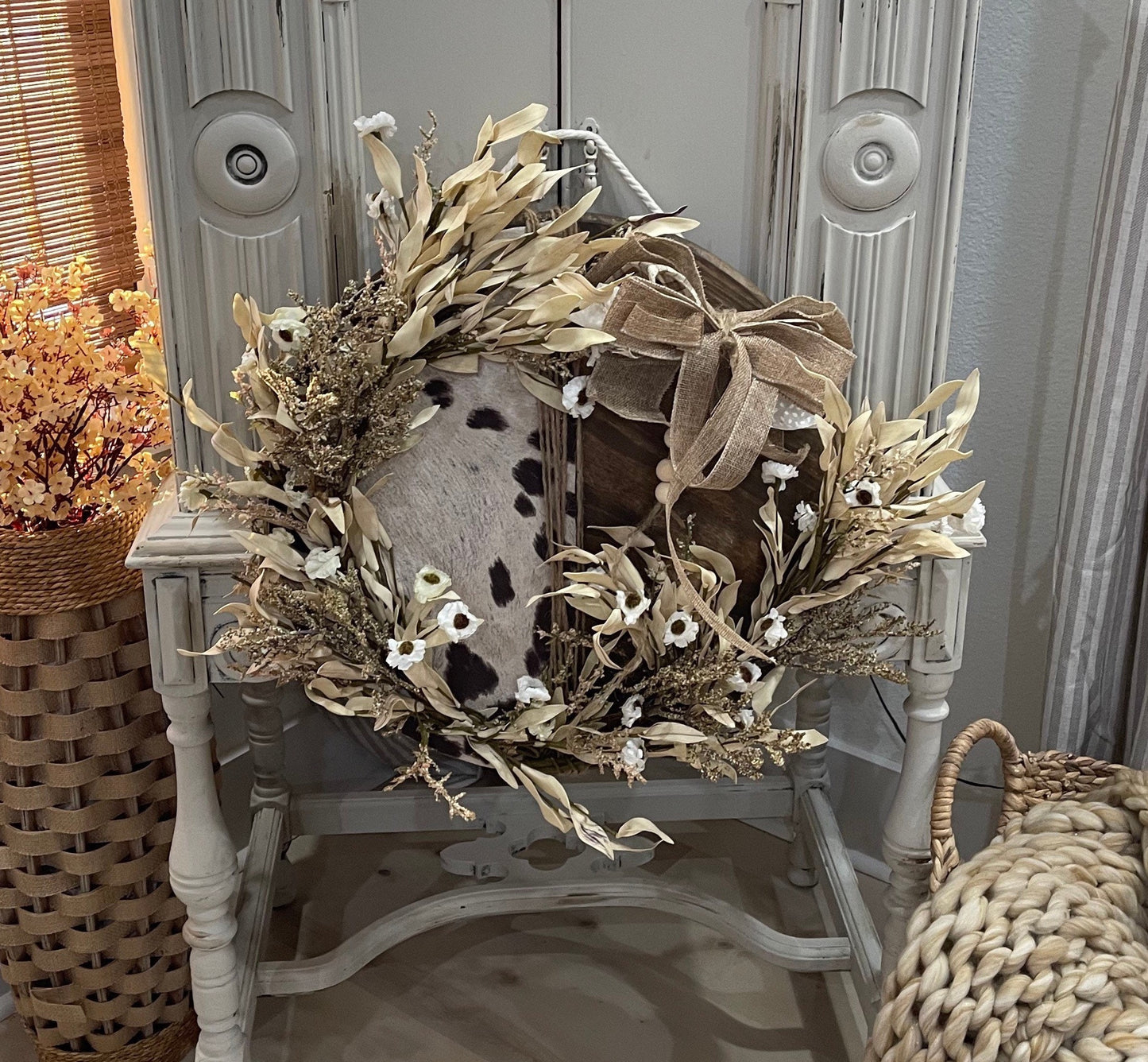 18” wreath with cowhide fabric